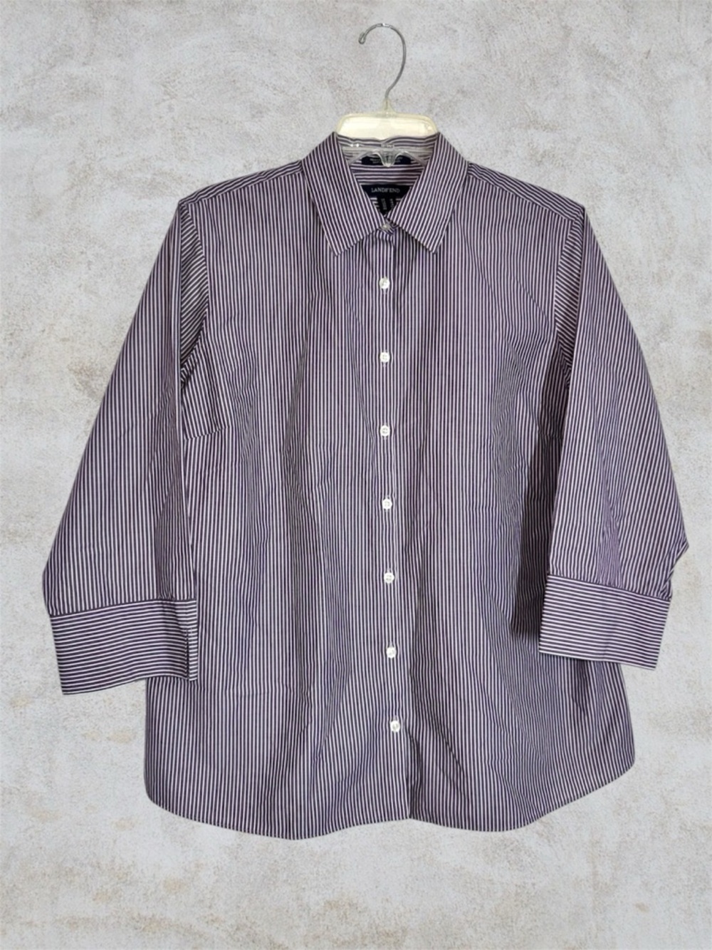 Lands' End Women's Purple and White Pinstripe Button-Down Shirt size 14